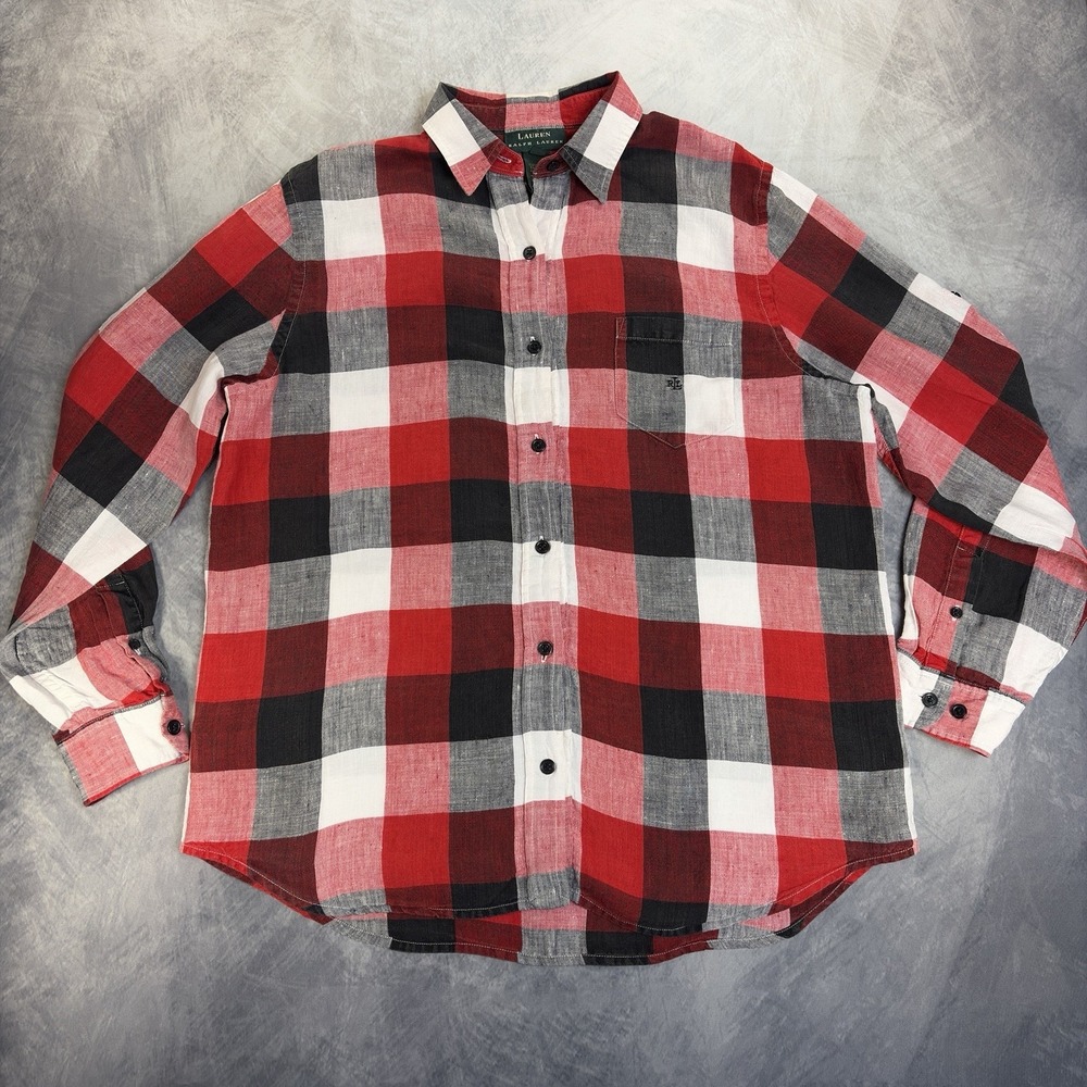 Lauren Ralph Lauren Womens Large Red Plaid 100% Linen Button Up Shirt